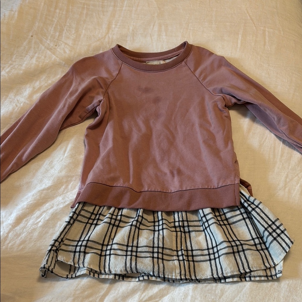 Girls Long Sleeve Dress with Plaid Skirt